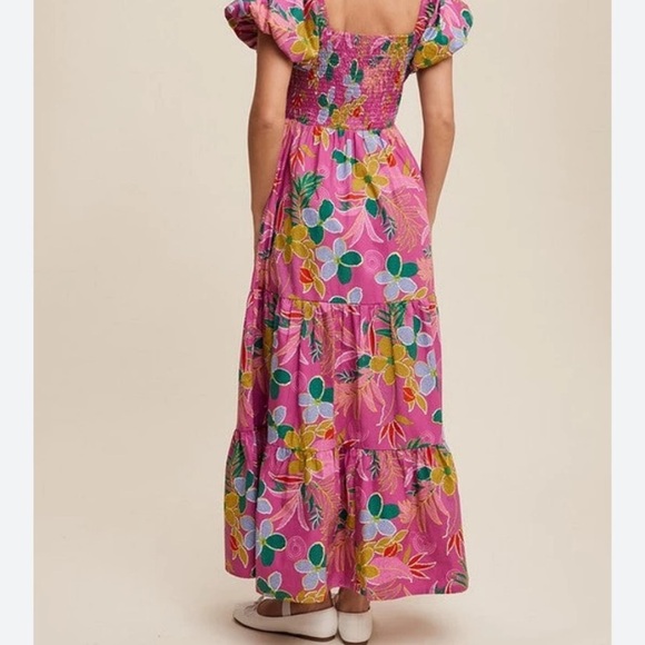 NWT Listicle Floral Puff Sleeve Tiered Smocked Maxi Poplin Cotton Dress LARGE - Picture 5 of 17